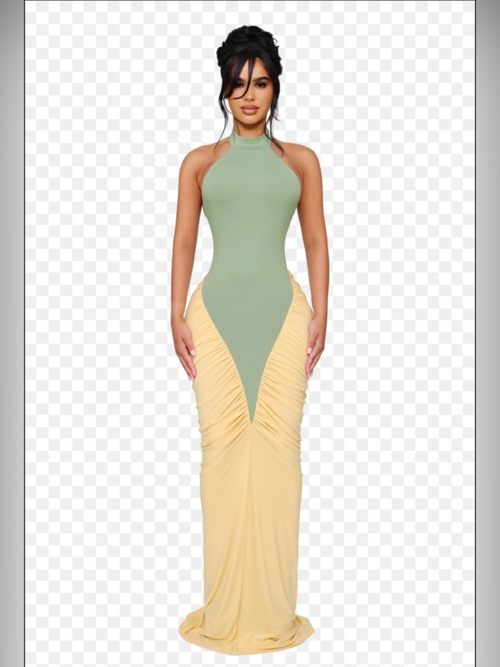 💛COUCOU 💛Sleeveless Two-Tone Sage and Pale Yellow Maxi Dress